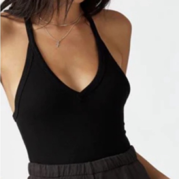 Joah Brown Tops - JOAH BROWN Palms Black Ribbed Deep V-Neck Racer Back Swing Tank Top SZ S/M